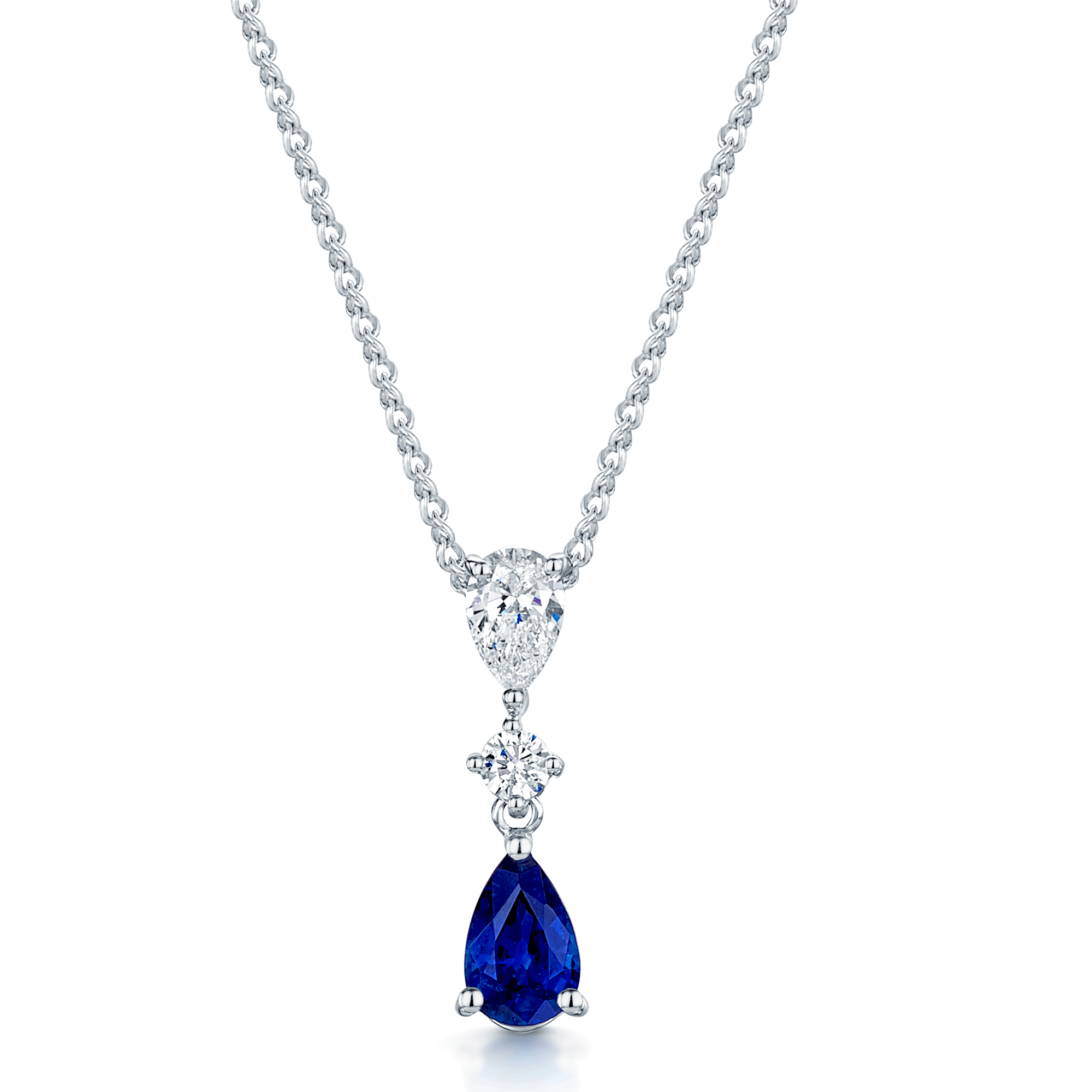 18ct White Gold Pear Blue Sapphire & Diamond Three Stone Pendant