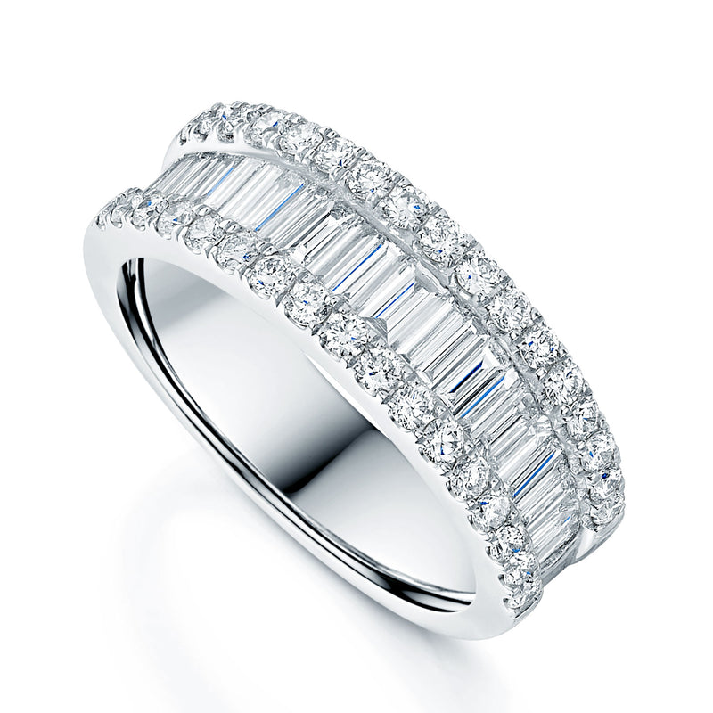 Platinum Three Row Baguette and Round Brilliant Diamond Dress Ring