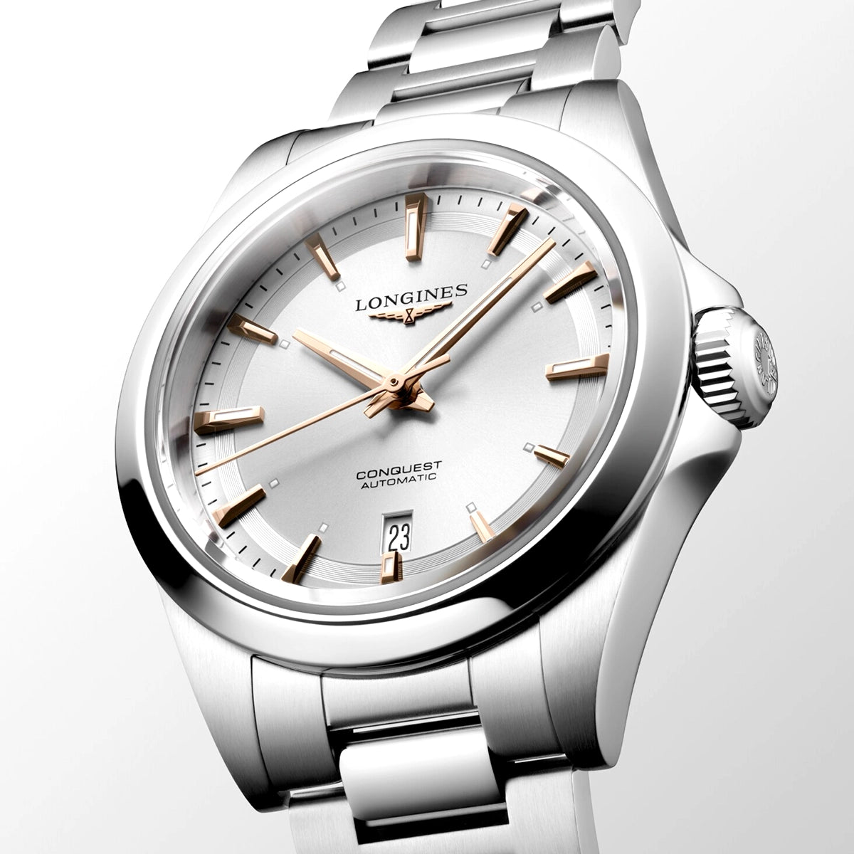 Longines Conquest 30mm Silver/Rose Dial Automatic Bracelet Watch - Berry's Jewellers