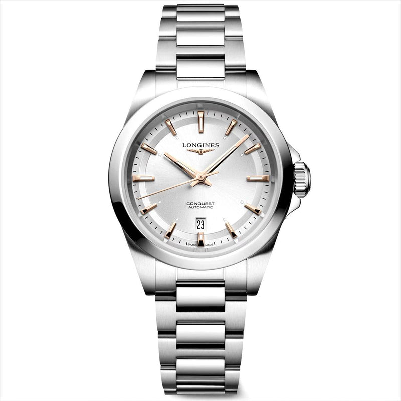 Longines Conquest 30mm Silver/Rose Dial Automatic Bracelet Watch - Berry's Jewellers