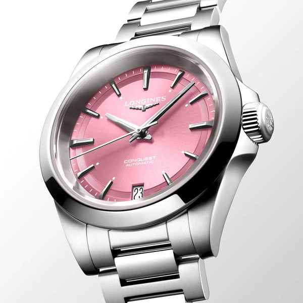 Longines Conquest 34mm Pink Sunray Dial Automatic Bracelet Watch - Berry's Jewellers
