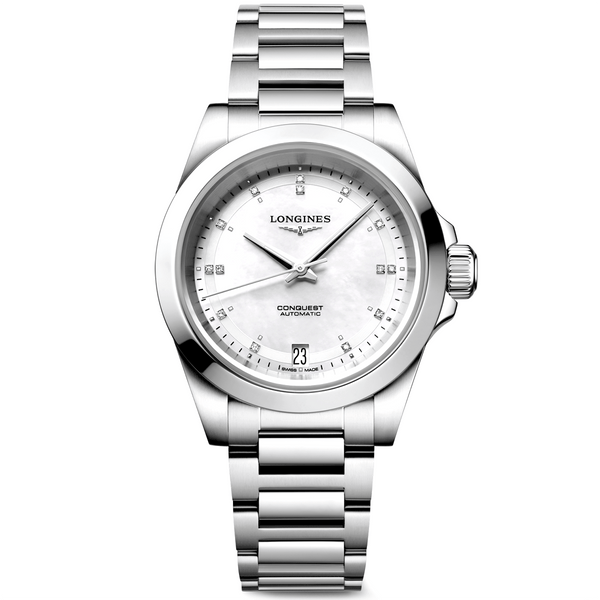 Longines Conquest 34mm White Diamond Dial & Bezel Ladies Bracelet Watch - Berry's Jewellers