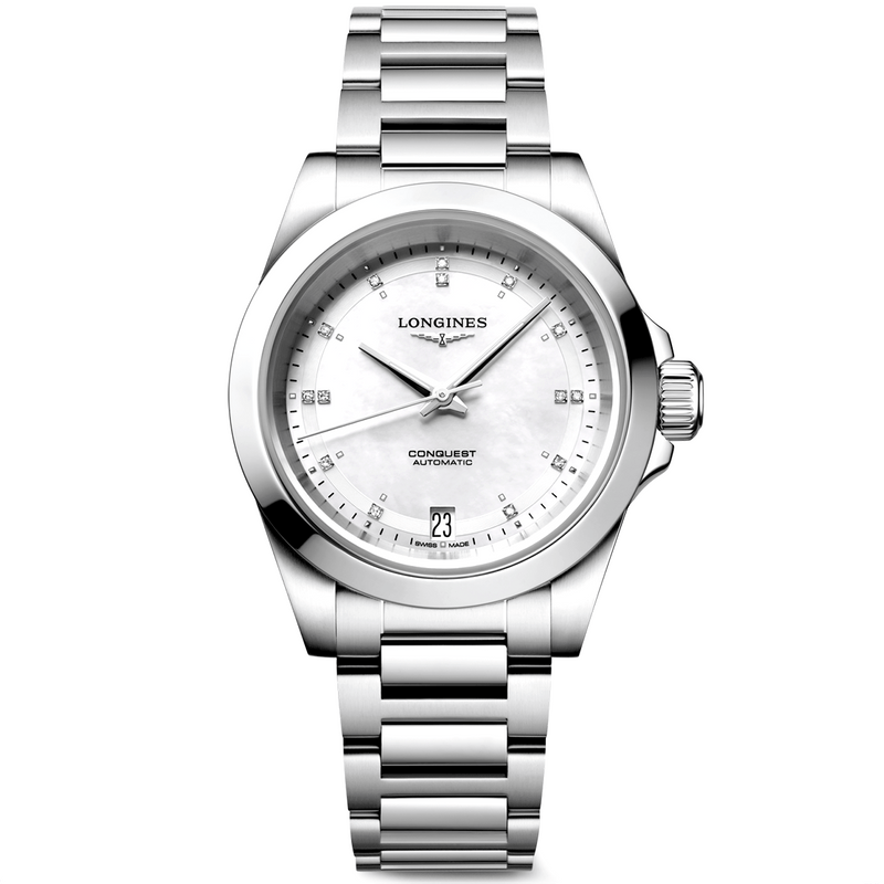 Longines Conquest 34mm White Diamond Dial & Bezel Ladies Bracelet Watch - Berry's Jewellers