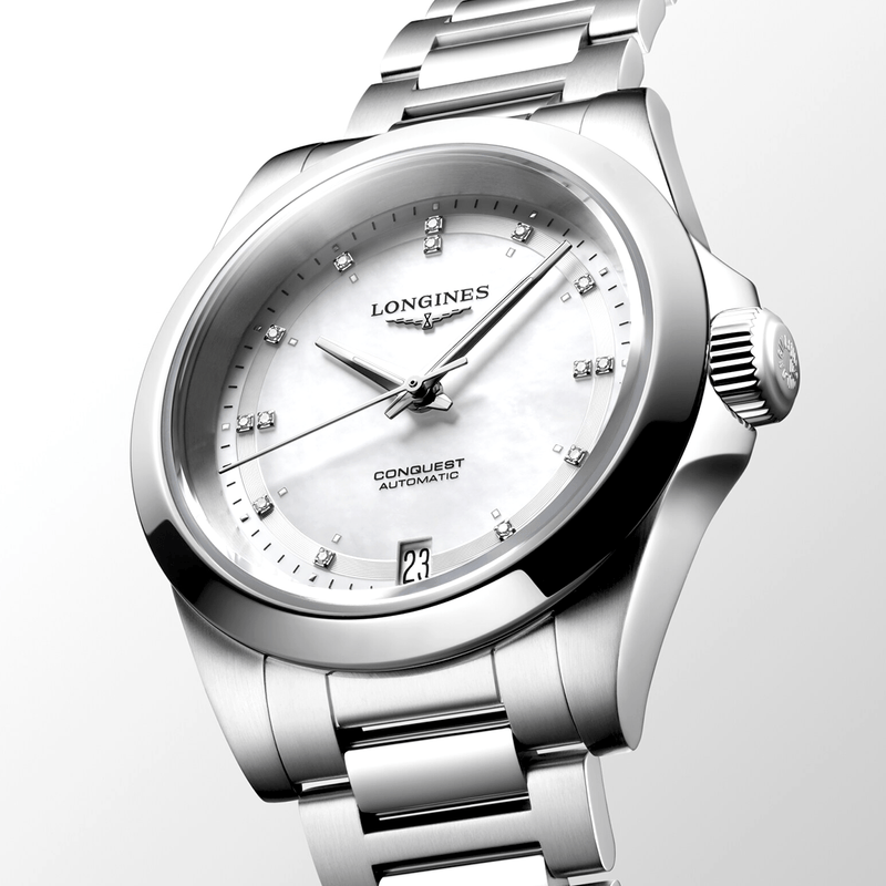 Longines Conquest 34mm White Diamond Dial & Bezel Ladies Bracelet Watch - Berry's Jewellers