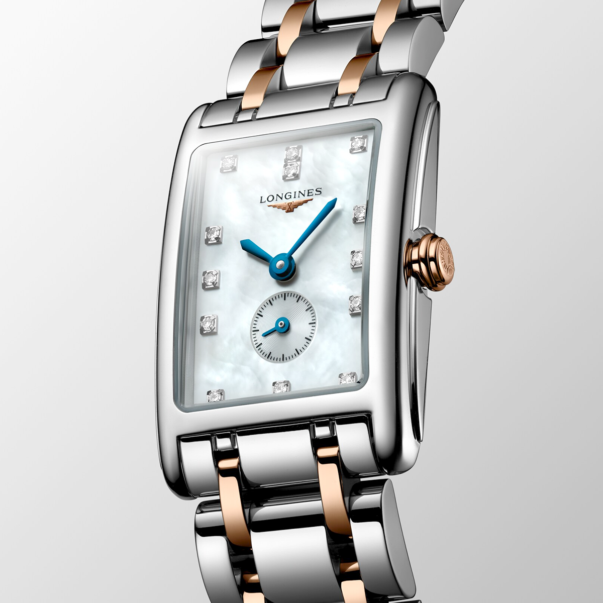 Longines DolceVita 20.8mm x 32mm Two Tone Mother of Pearl Diamond Dial Watch - Berry's Jewellers