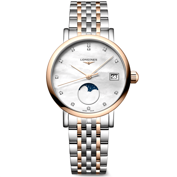 Longines Elegant Moonphase 30mm Two-Tone Mother of Pearl Dial Bracelet Watch - Berry's Jewellers