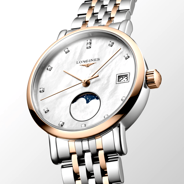 Longines Elegant Moonphase 30mm Two-Tone Mother of Pearl Dial Bracelet Watch - Berry's Jewellers