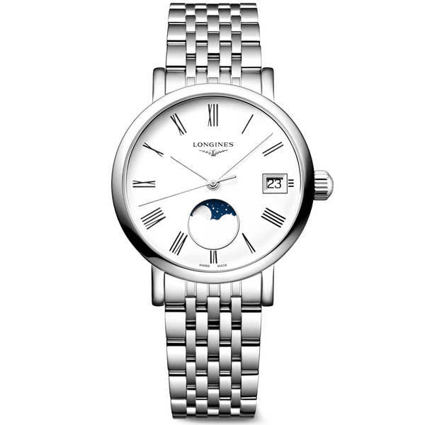Longines Elegant Moonphase 30mm White Dial Ladies Bracelet Watch - Berry's Jewellers