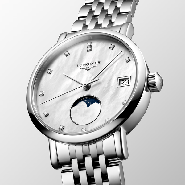 Longines Elegant Moonphase 30mm White Mother of Pearl Dial Bracelet Watch - Berry's Jewellers