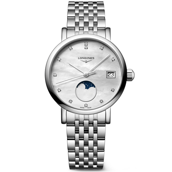 Longines Elegant Moonphase 30mm White Mother of Pearl Dial Bracelet Watch - Berry's Jewellers