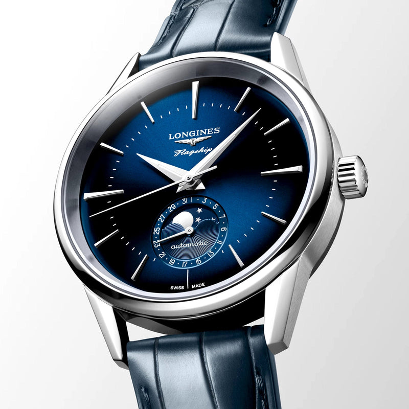 Longines Flagship Heritage 38.5mm Blue Sunray Dial Leather Strap Watch - Berry's Jewellers