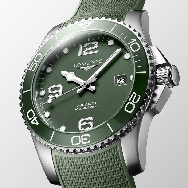 Longines HydroConquest 41mm Green Dial & Ceramic Bezel Men's Rubber Strap Watch - Berry's Jewellers