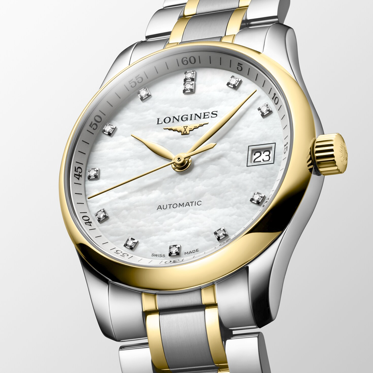 Longines Master 34mm Two-Tone White Mother of Pear Dial Bracelet Watch - Berry's Jewellers