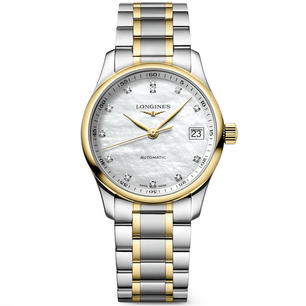 Longines Master 34mm Two-Tone White Mother of Pear Dial Bracelet Watch - Berry's Jewellers