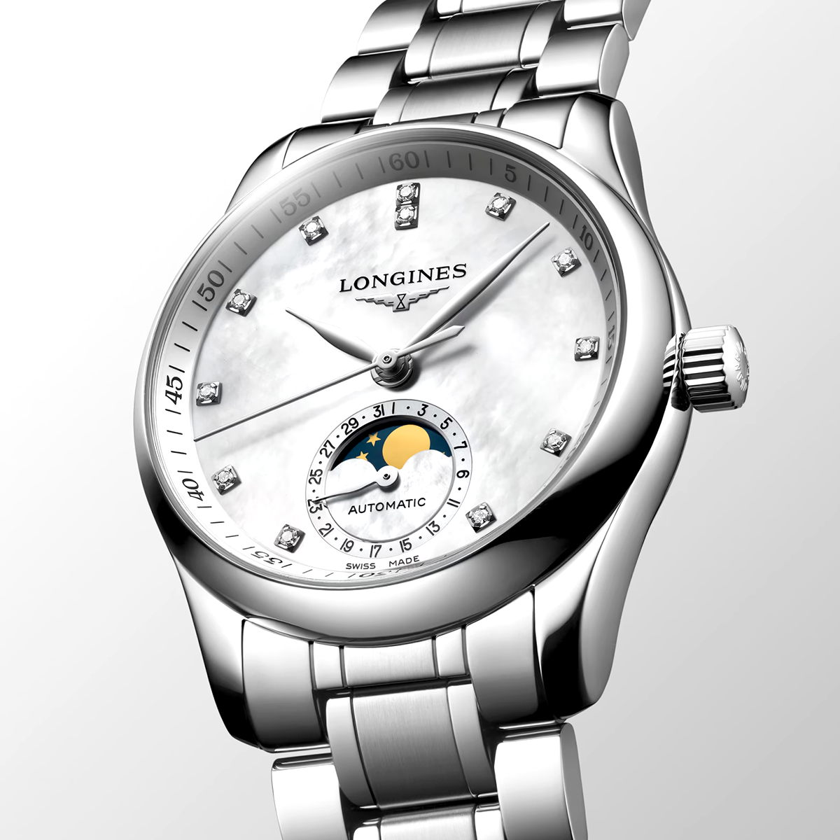 Longines Master Collection Moonphase 34mm Diamond Dial Bracelet Watch - Berry's Jewellers