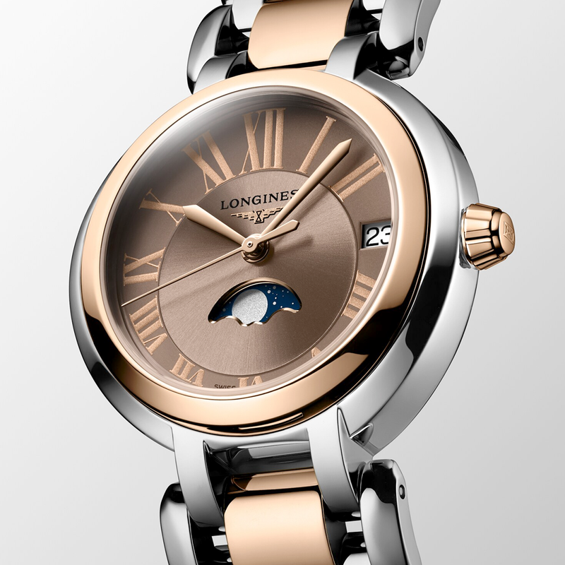 Longines PrimaLuna Moonphase 30.5mm Two-Tone Taupe Dial Ladies Watch - Berry's Jewellers