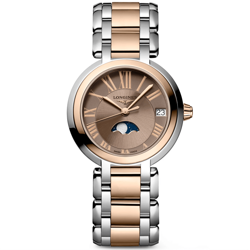 Longines PrimaLuna Moonphase 30.5mm Two-Tone Taupe Dial Ladies Watch - Berry's Jewellers