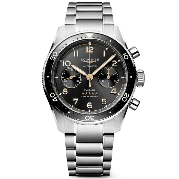 Longines Spirit Flyback 42mm Sunray Black Dial Chronograph Bracelet Watch - Berry's Jewellers
