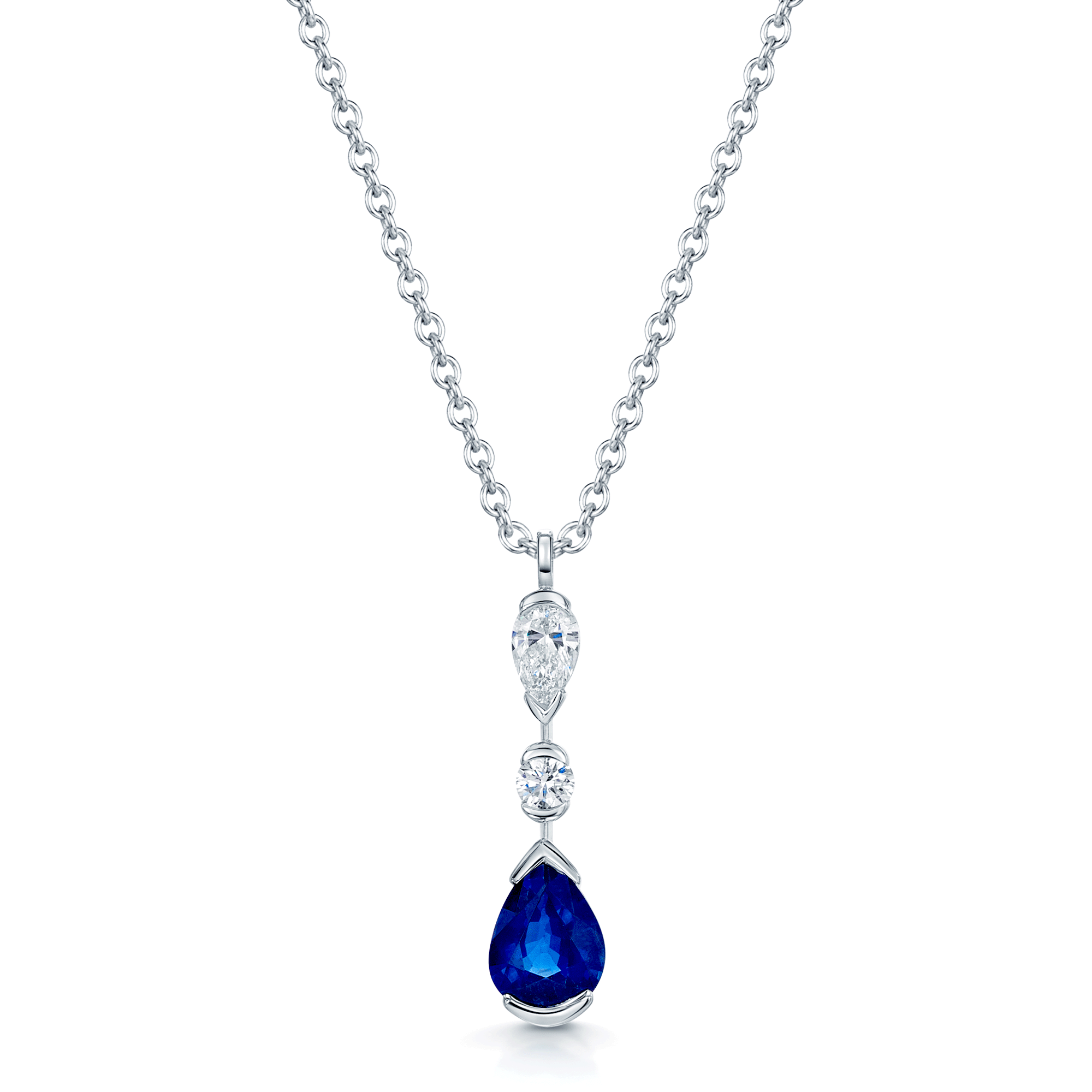 18ct White Gold Pear Cut Blue Sapphire And Diamond Drop Pendant