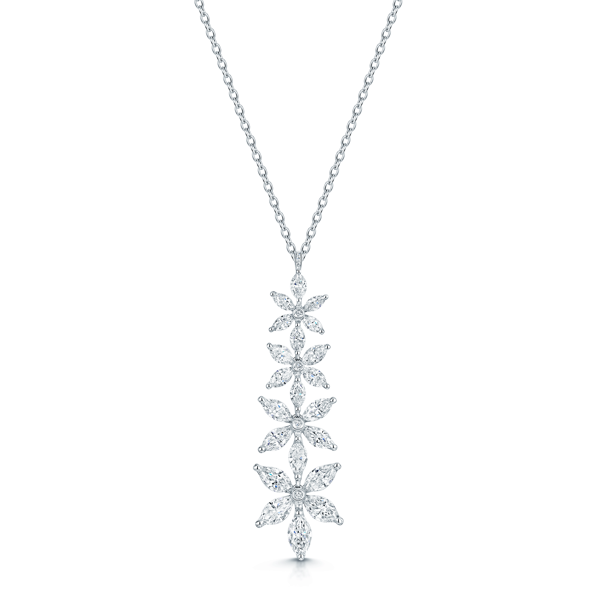 18ct White Gold Marquise Cut Diamond Graduating Flower Pendant