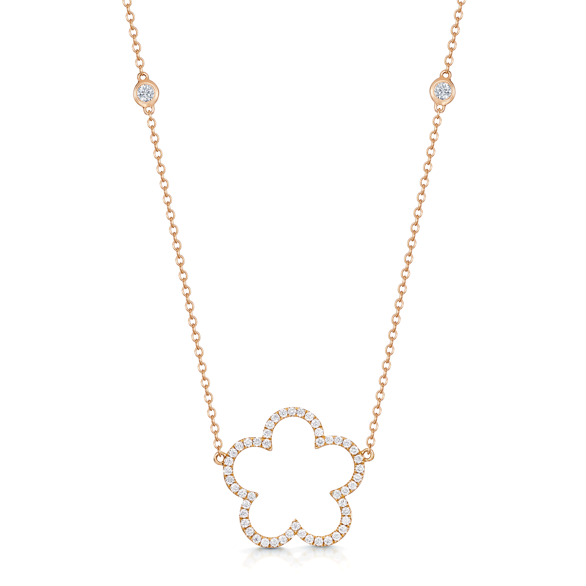 18ct Rose Gold Round Brilliant Cut Diamond Floral Design Pendant On Diamond Set Chain