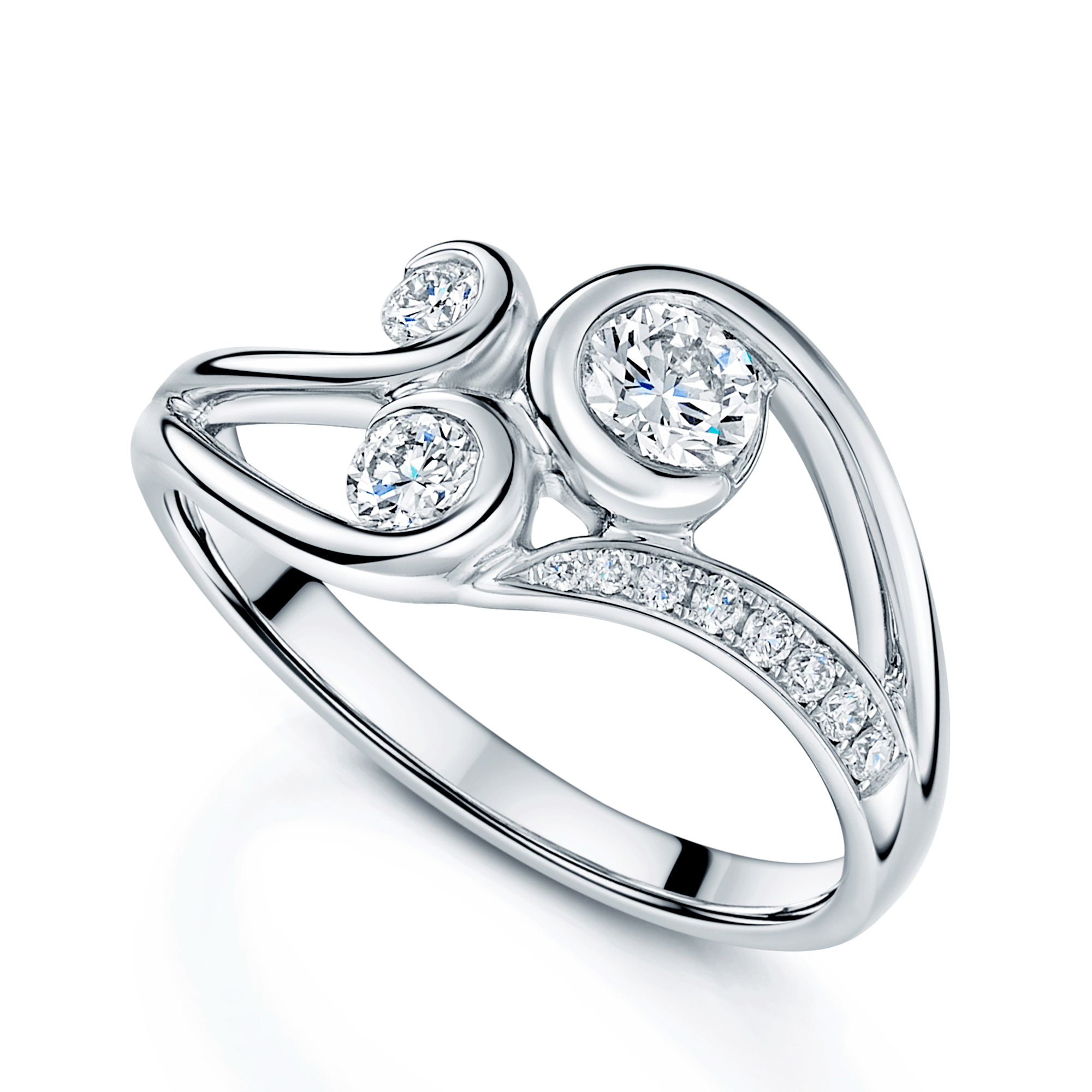 Platinum Three Stone Swirl Design Diamond Set Ring