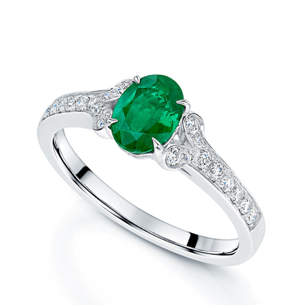 Berry's 18ct White Gold Oval Emerald Ring With Diamond Set Shoulders - Berry's Jewellers