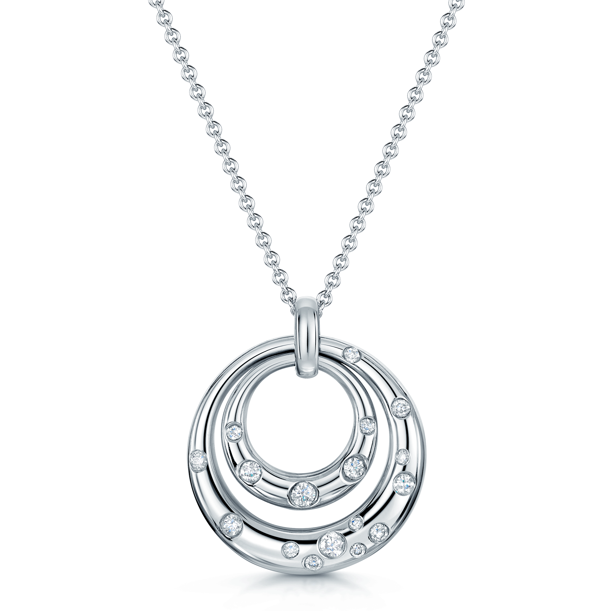 18ct White Gold Double Circle Drop Pendant With Scattered Diamonds