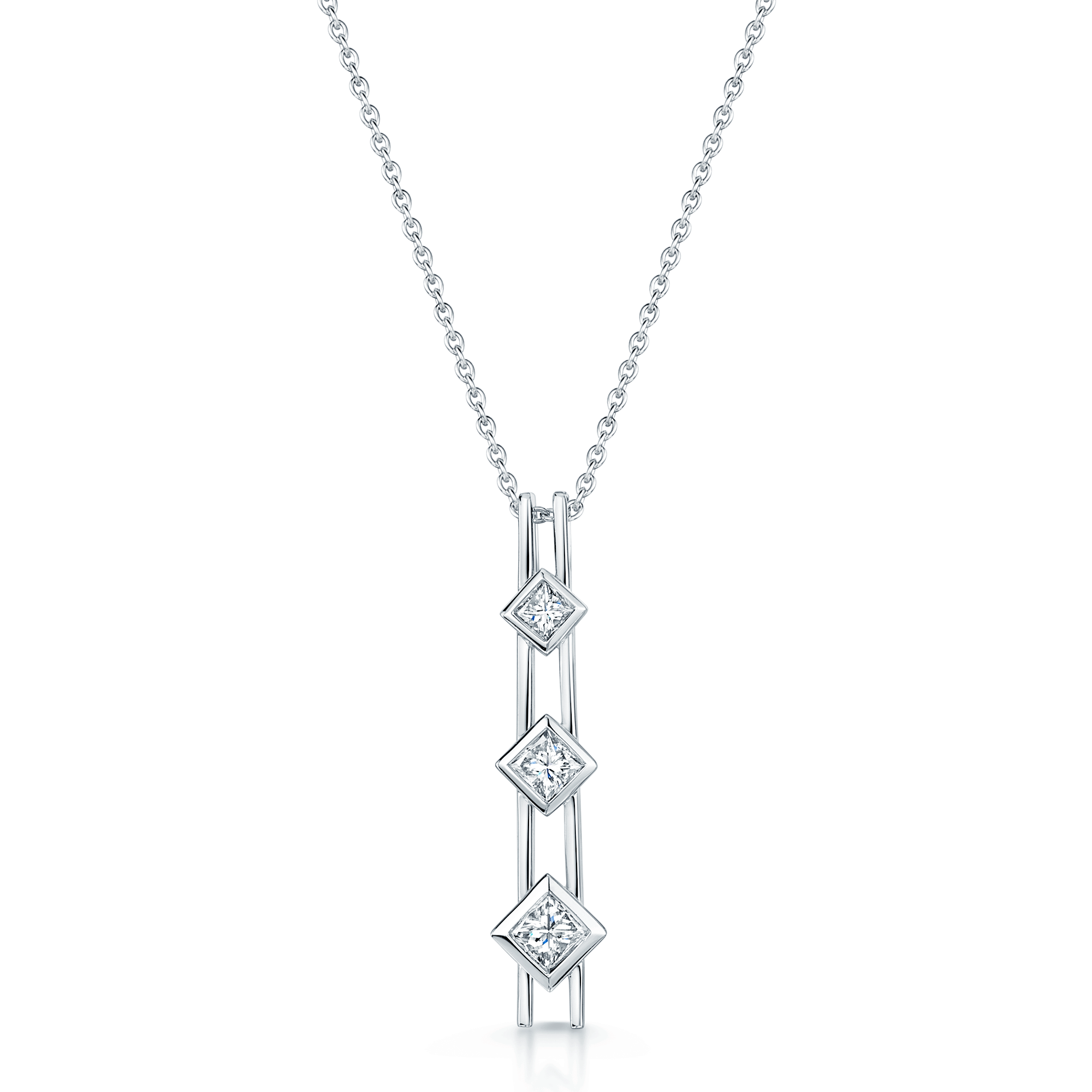 18ct White Gold Princess Cut Three Stone Diamond Drop Bar Necklace
