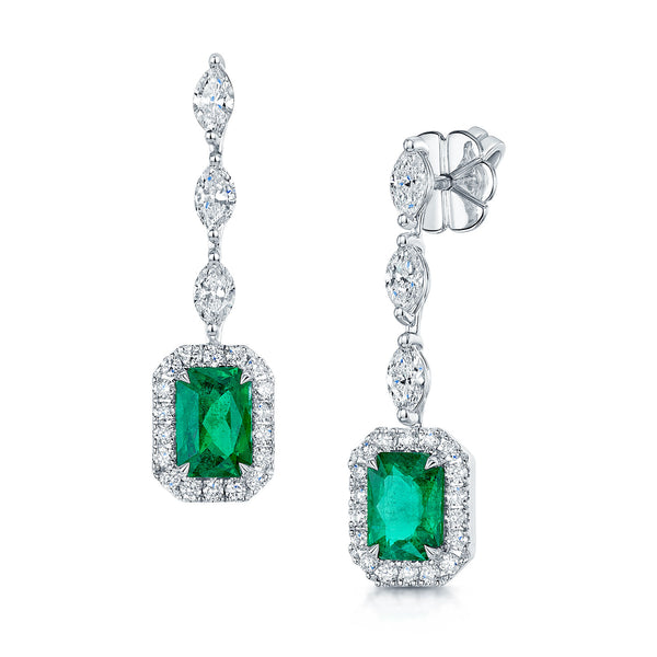 Berry's 18ct White Gold Emerald And Diamond Halo Drop Earrings - Berry's Jewellers
