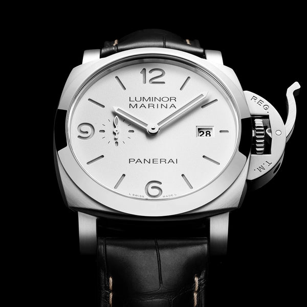 Panerai Luminor Marina Steel White Dial 44mm Automatic Black Strap Watch - Berry's Jewellers