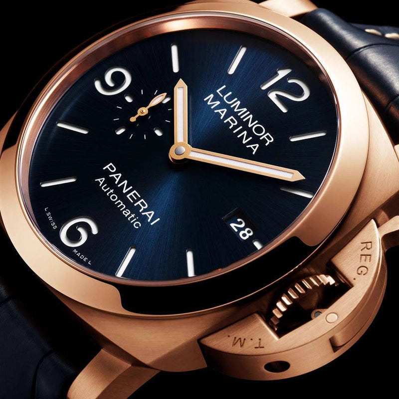 Panerai Luminor Goldtech 44mm Blue Dial Automatic Leather Strap Watch - Berry's Jewellers