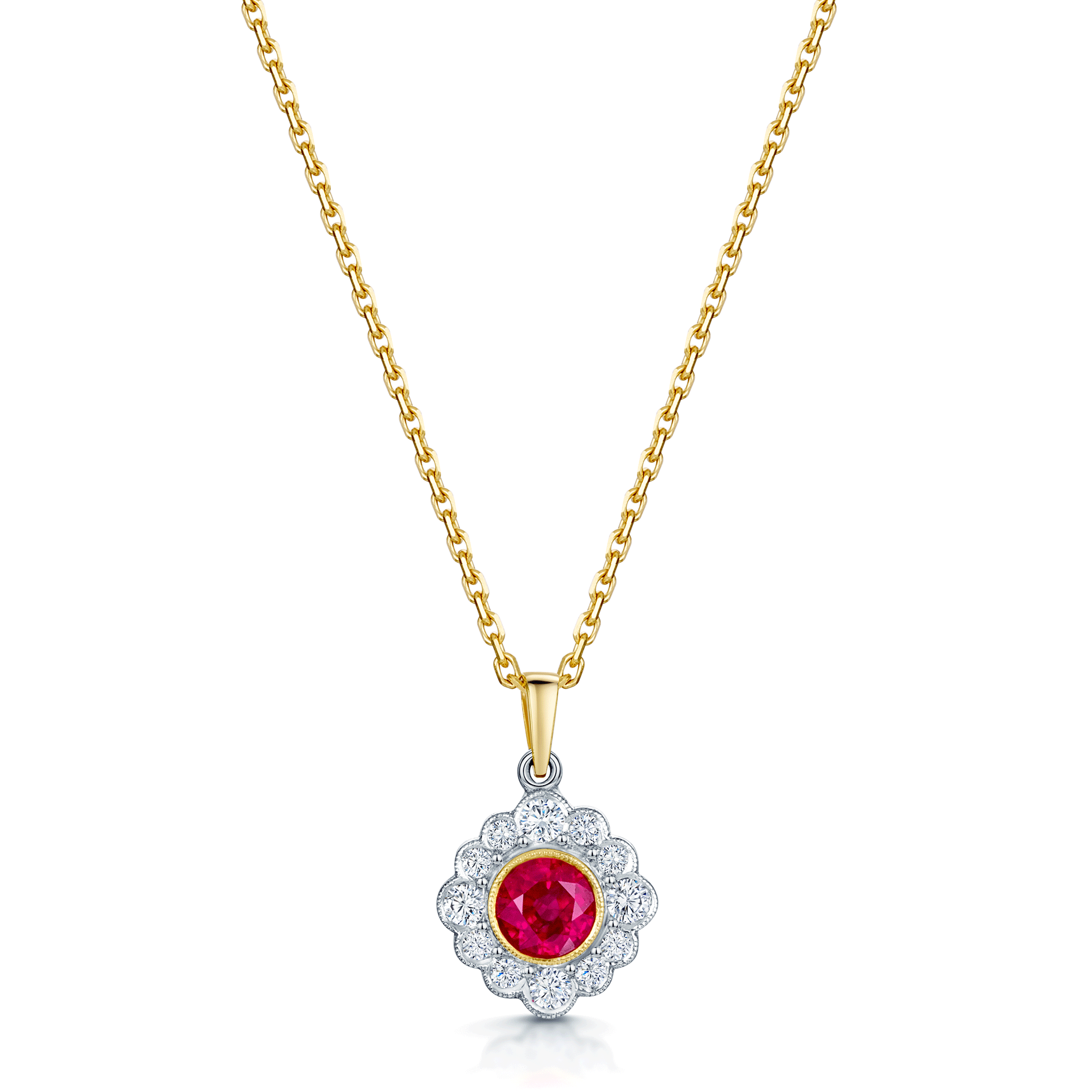 18ct Yellow And White Gold Ruby And Diamond Cluster Pendant