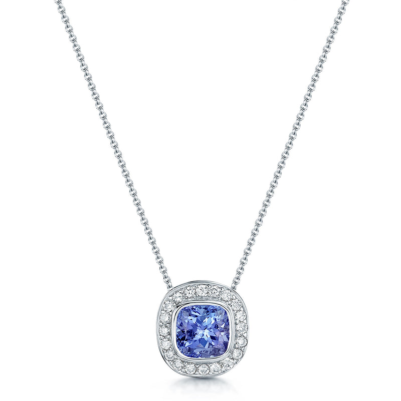 18ct White Gold Cushion Cut Tanzanite And Diamond Cluster Pendant