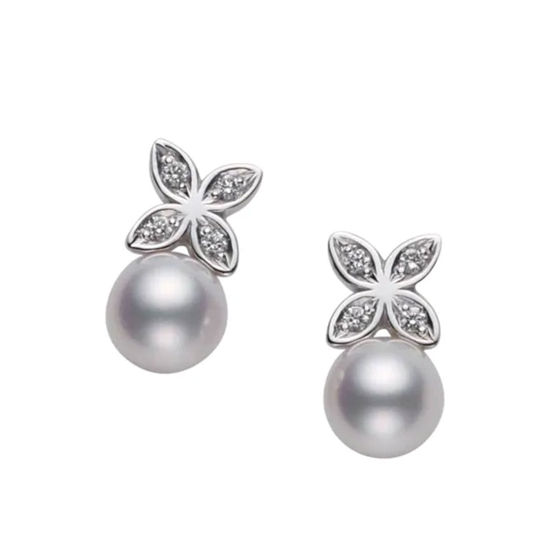 Mikimoto 18ct White Gold Pearl & Diamond Flower Earrings - Berry's Jewellers