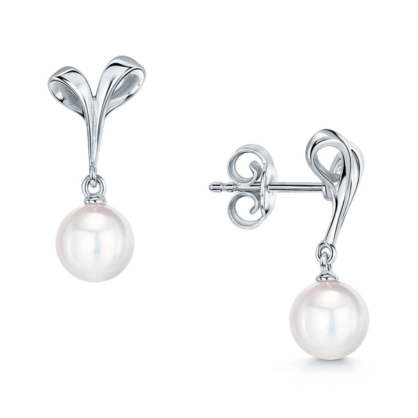 Mikimoto 18ct White Gold Cultured Single Pearl Scroll Detail Drop Earrings - Berry's Jewellers