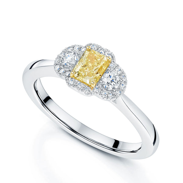 Berry's Platinum Yellow Diamond Three Stone Diamond Halo Ring - Berry's Jewellers