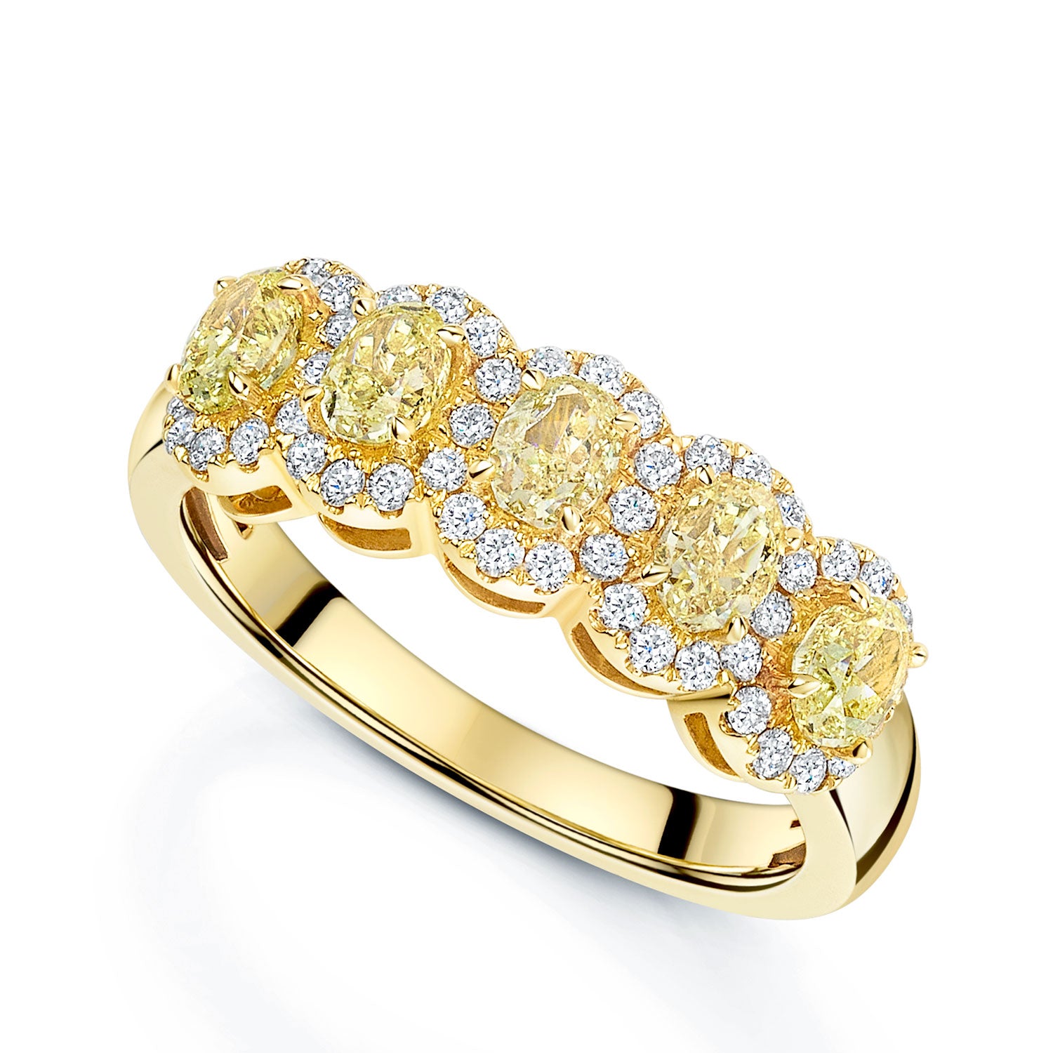 Berry's 18ct Yellow Gold Oval Cut Yellow Diamond Five Stone Eternity Ring With Diamond Halo Surround - Berry's Jewellers