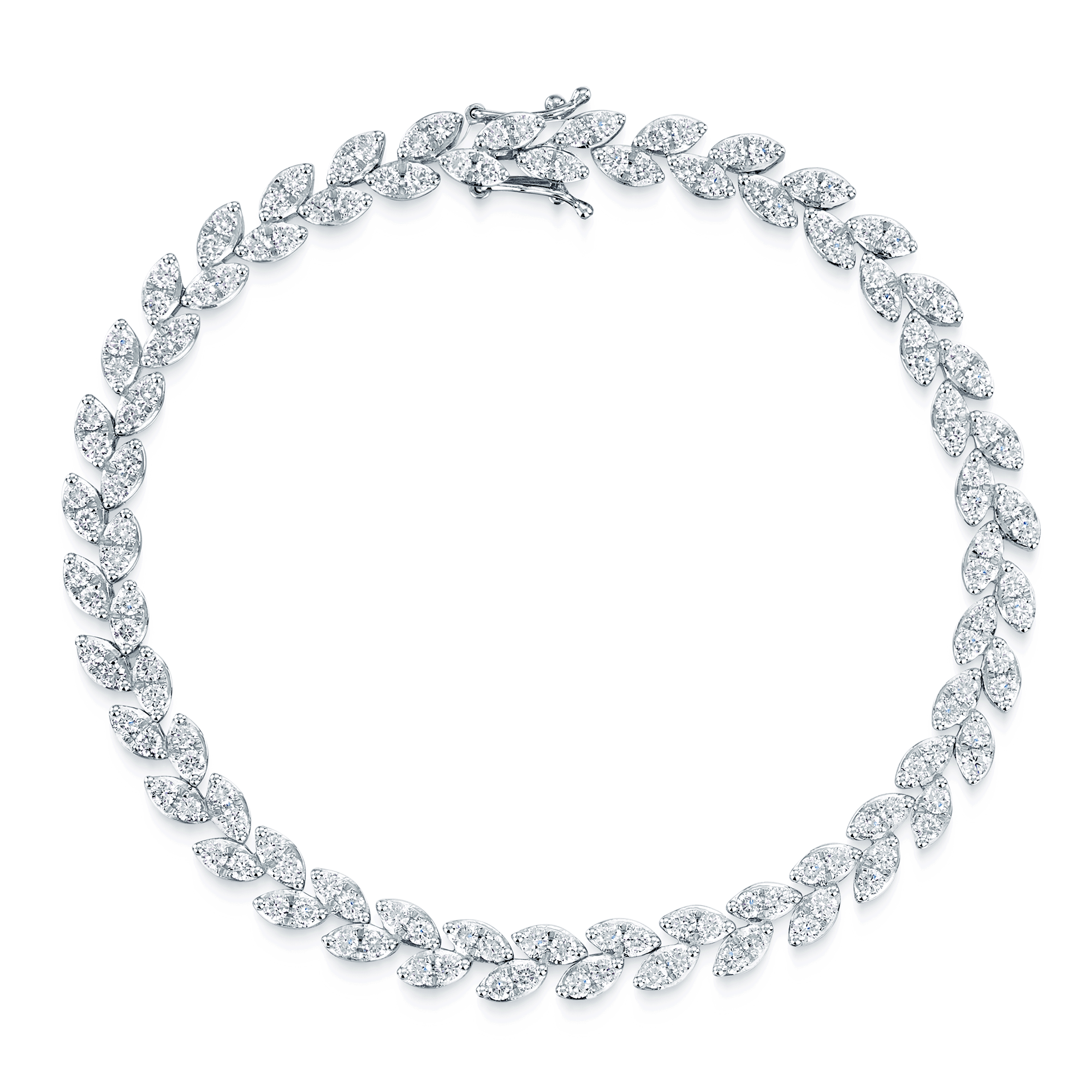 Platinum Round Brilliant Cut Diamond Leaf Design Line Bracelet