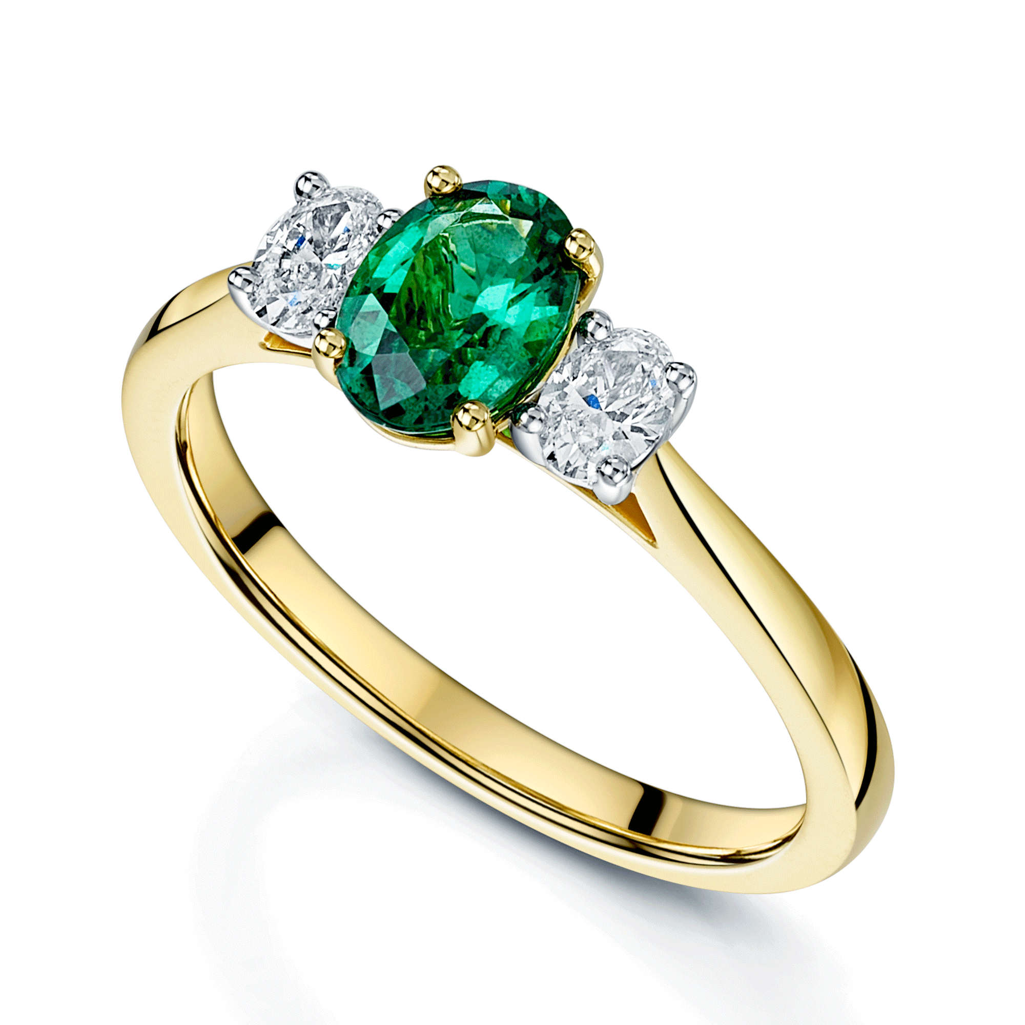18ct Yellow & White Gold Oval Cut Emerald & Diamond Three Stone Ring