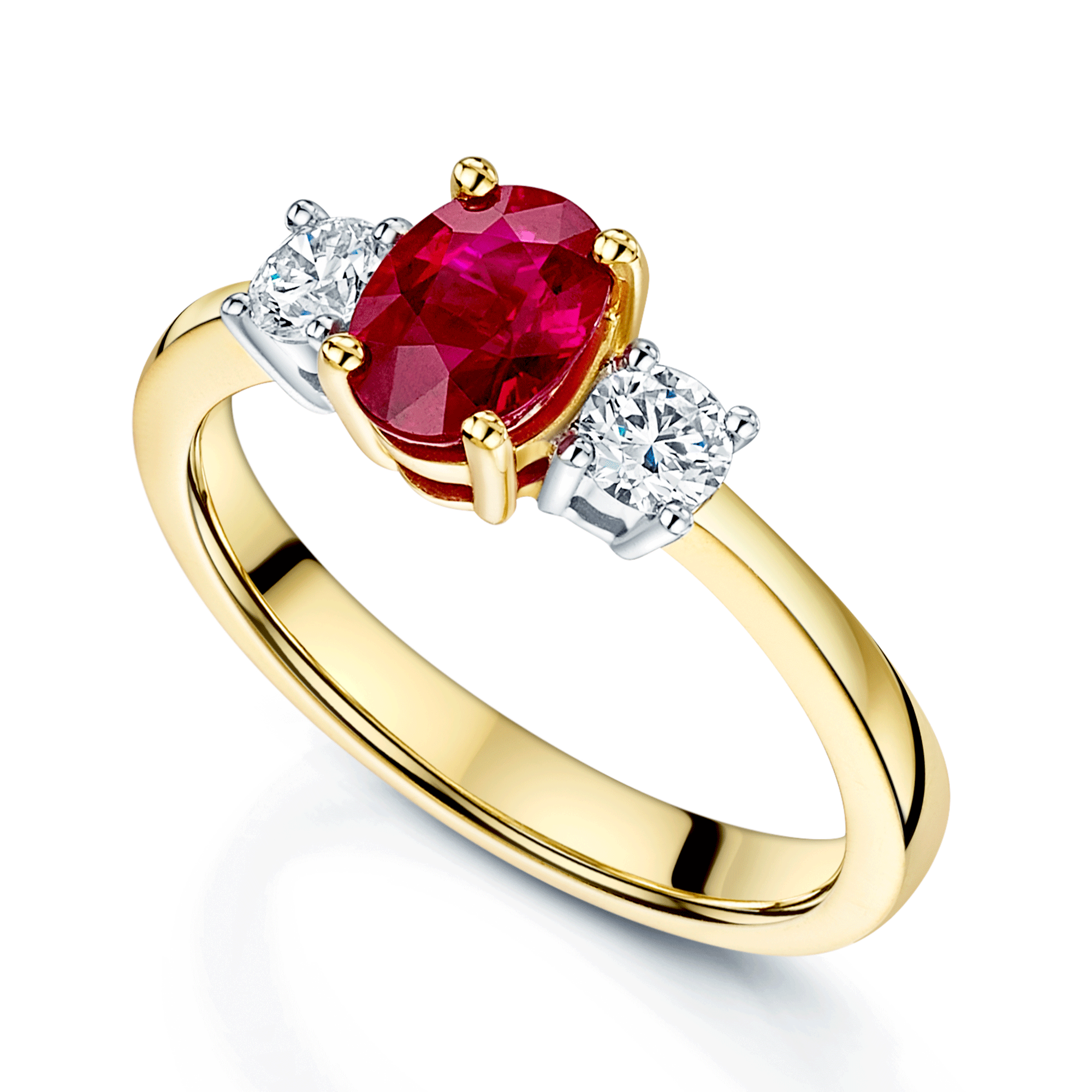 18ct Yellow Gold Oval Ruby and Diamond Three Stone Ring