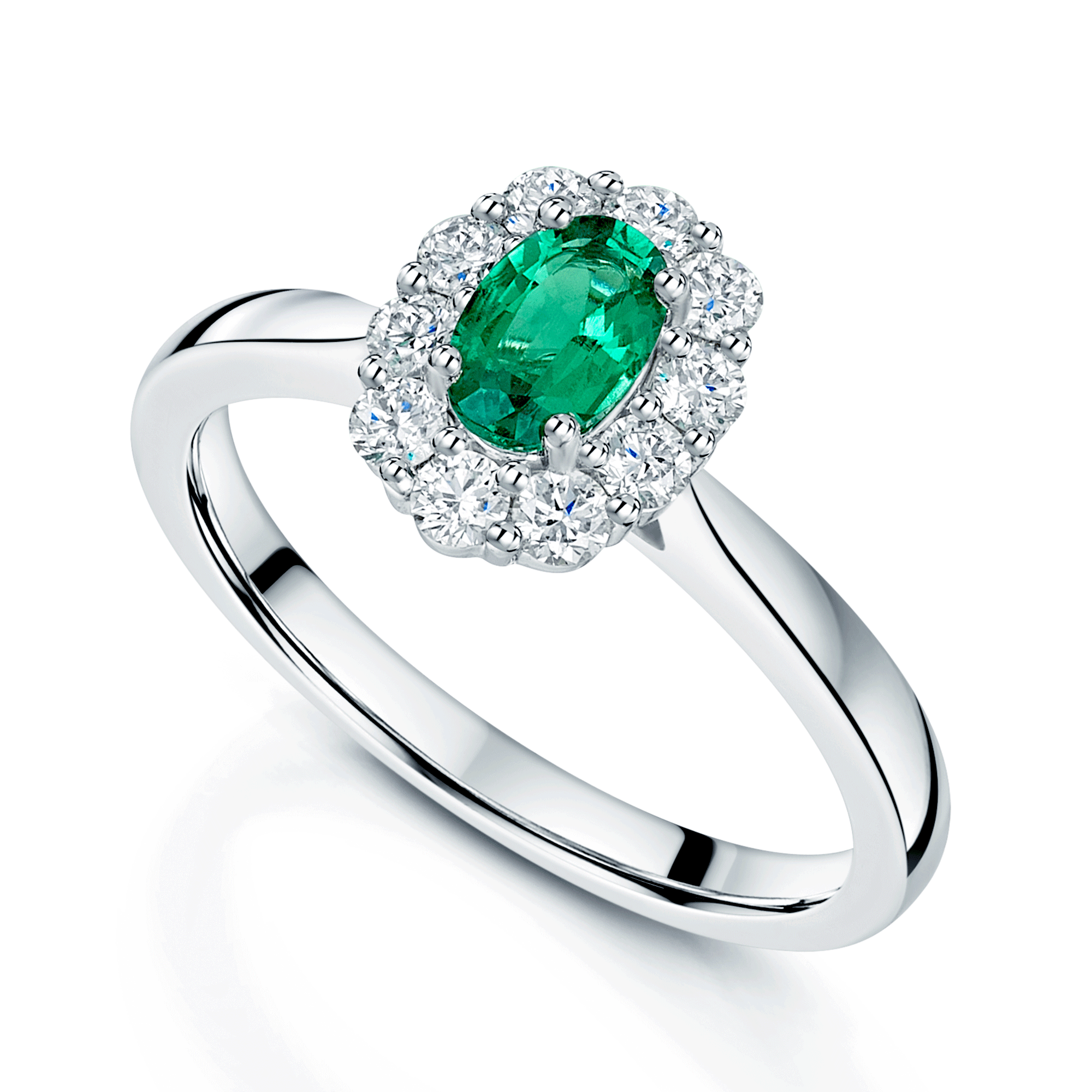 Platinum Oval Cut Emerald And Diamond Cluster Ring