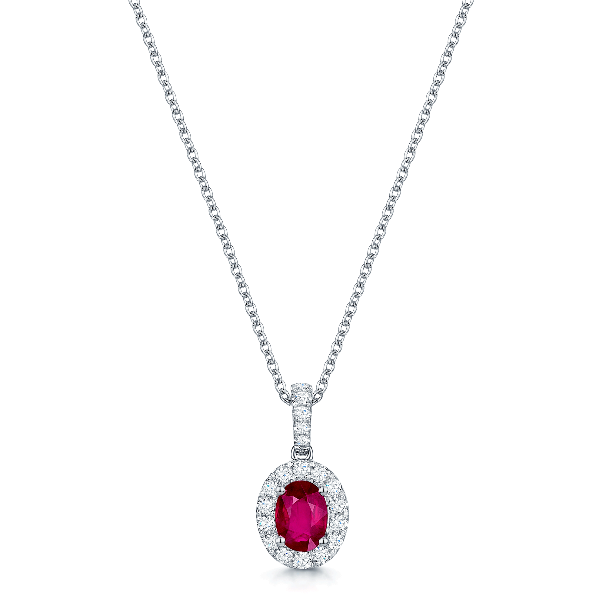 Platinum Oval Cut Ruby And Diamond Cluster Pendant