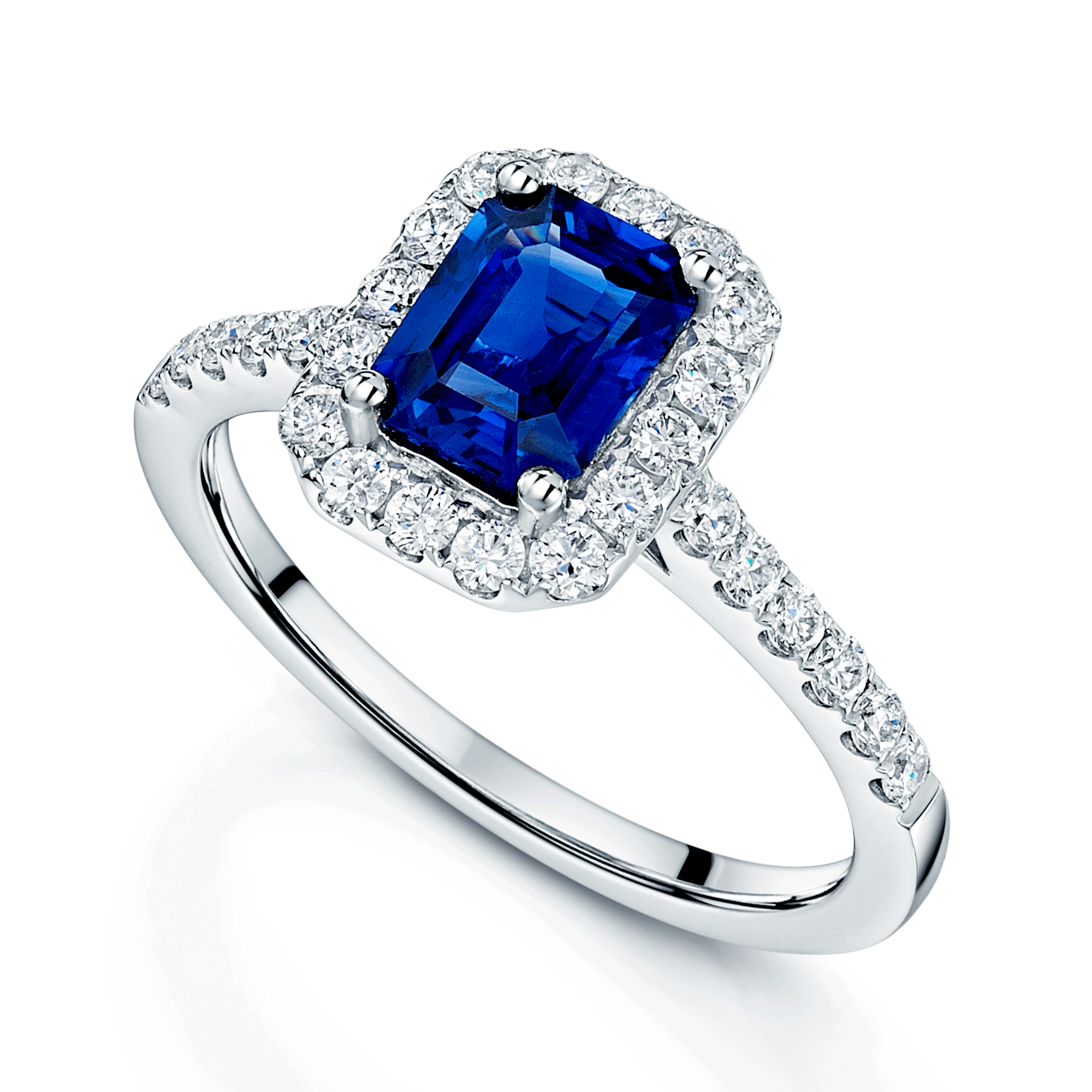Platinum  Sapphire And Diamond Halo Ring With Diamond Shoulders