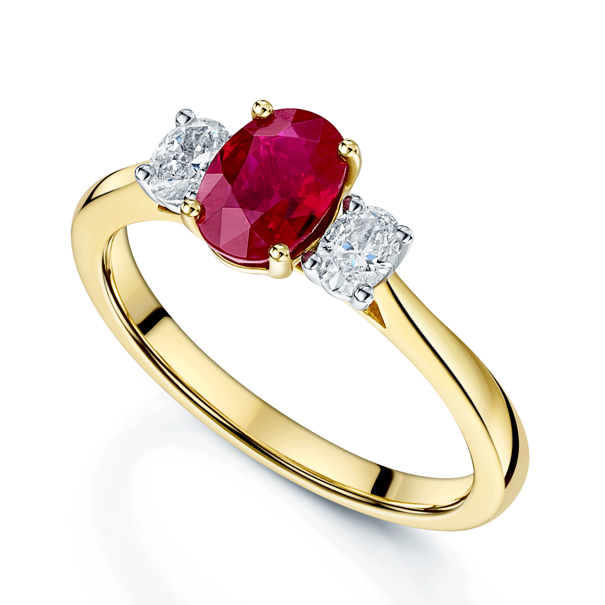18ct Yellow Gold Oval Cut Ruby And Diamond Three Stone Ring