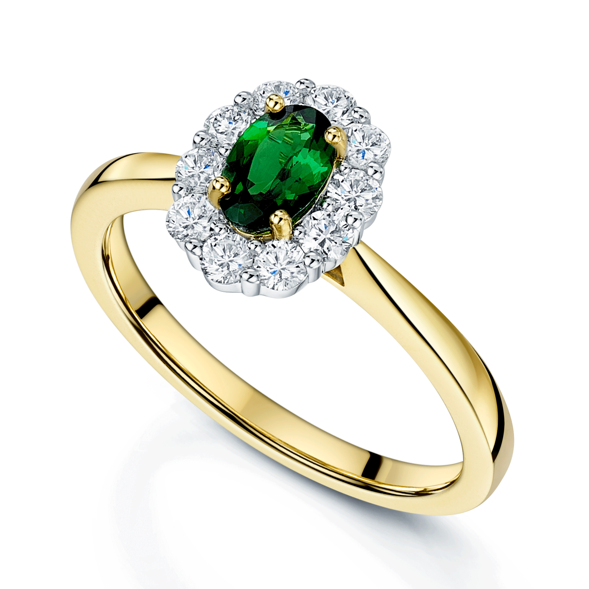 18ct Yellow Gold Oval Cut Tsavorite And Round Brilliant Cut Diamond Cluster Ring