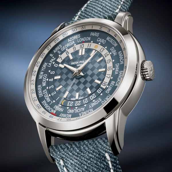 Complications World Time Date 40mm Blue Dial Denim Strap Watch