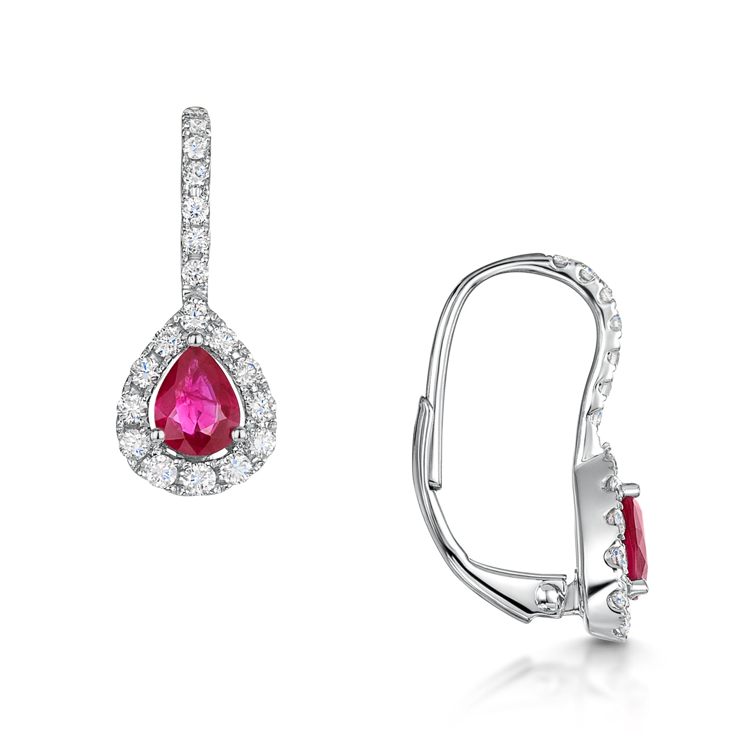 18ct White Gold Pear Shape Ruby And Round Brilliant Cut Diamond Halo Drop Earrings