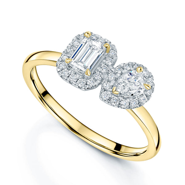 Berry's 18ct Yellow Gold Toi et Moi Emerald And Pear Cut Diamond Halo Ring - Berry's Jewellers