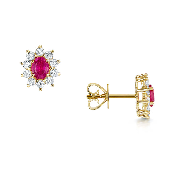 18ct Yellow Gold Oval Ruby And Diamond Cluster Earrings